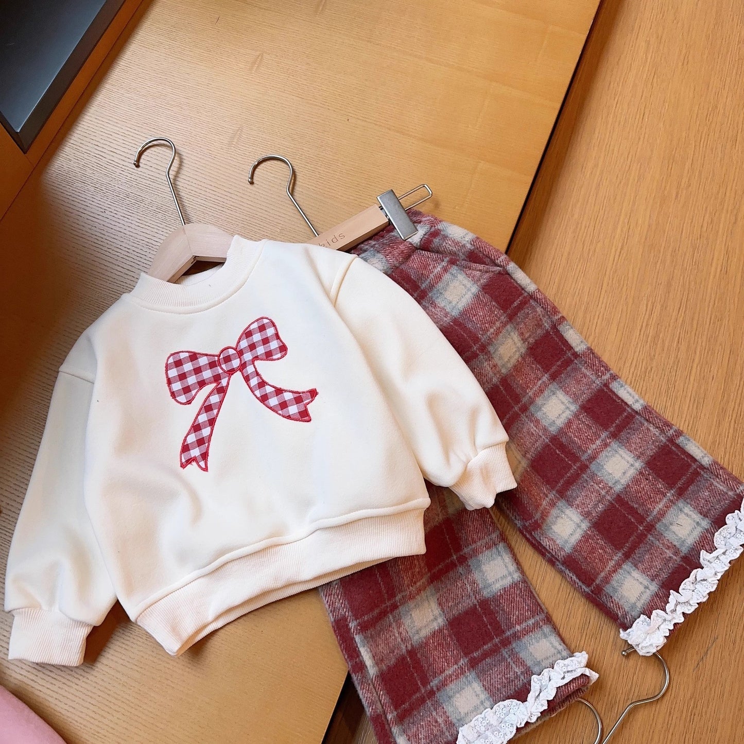 Versatile Long Sleeve Plaid Pants Two-piece Set