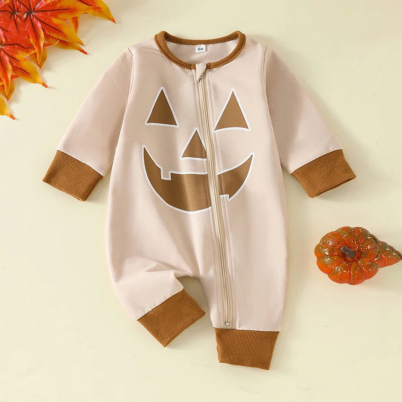 Infant Toddler Halloween Funny Personality Pumpkin Expression Long Sleeve Oblique Zipper Jumpsuit