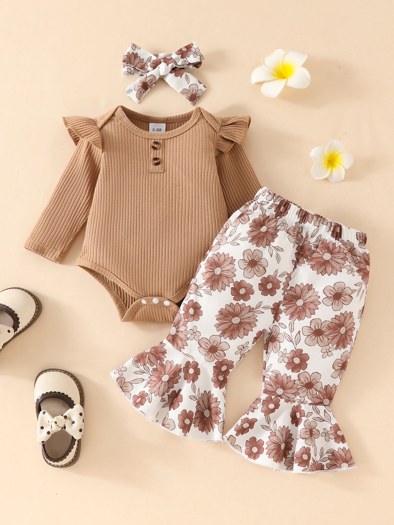 Baby Girl Sunken Stripe Long Sleeve Flared Pants Three-piece Set