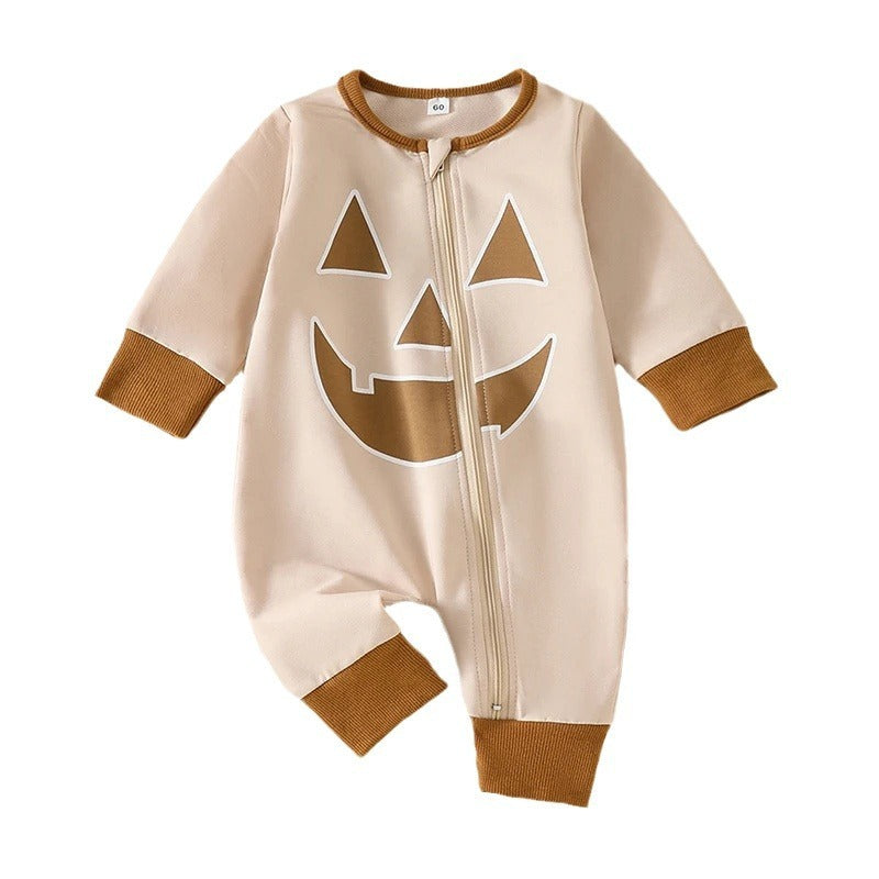 Infant Toddler Halloween Funny Personality Pumpkin Expression Long Sleeve Oblique Zipper Jumpsuit