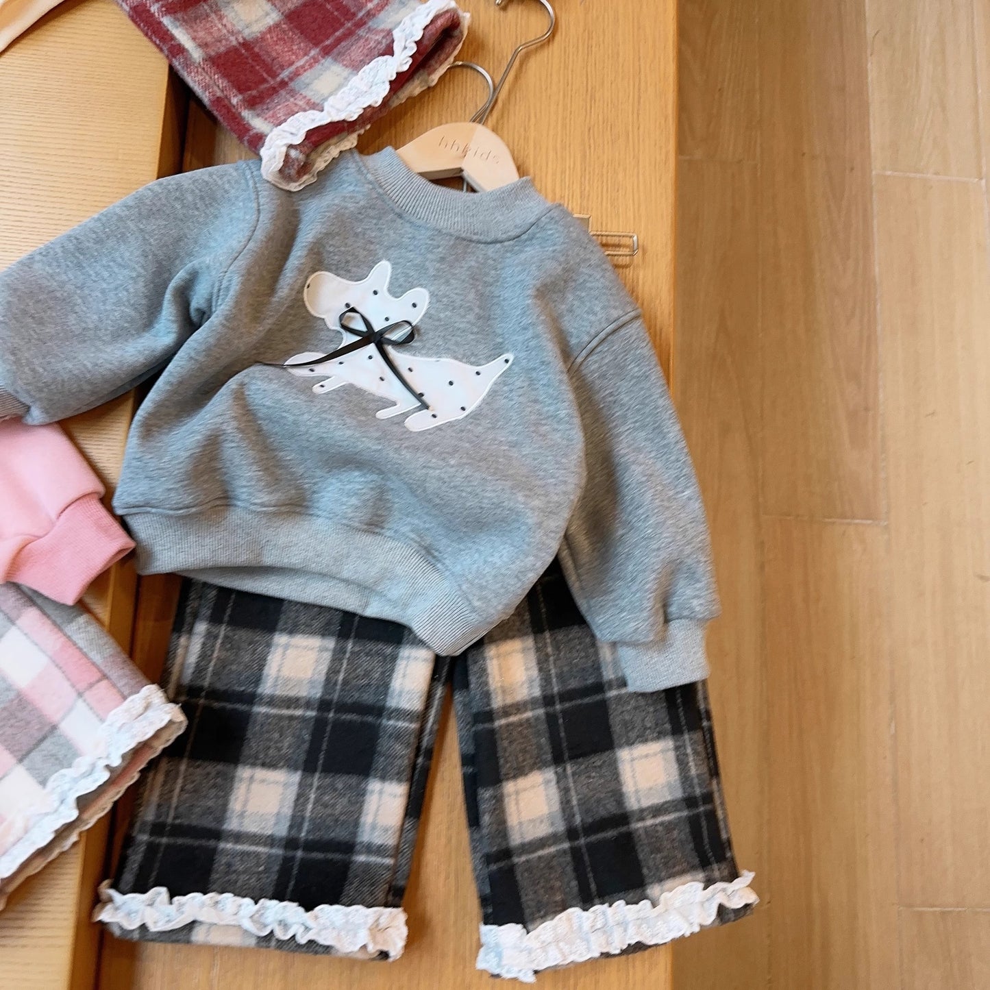 Versatile Long Sleeve Plaid Pants Two-piece Set