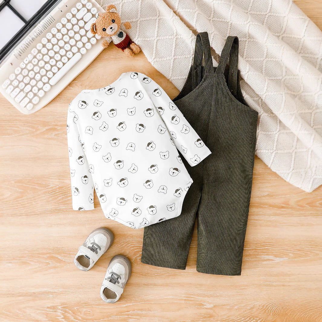 Bear Printed Long Sleeve Round Neck Romper Corduroy Suspender Trousers Suit