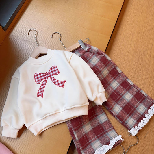 Versatile Long Sleeve Plaid Pants Two-piece Set
