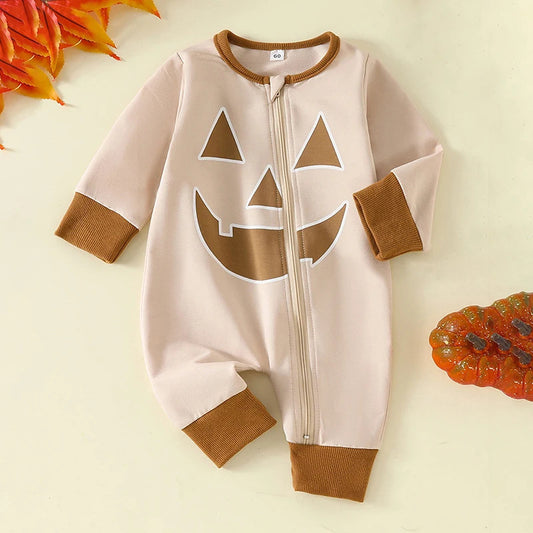Infant Toddler Halloween Funny Personality Pumpkin Expression Long Sleeve Oblique Zipper Jumpsuit