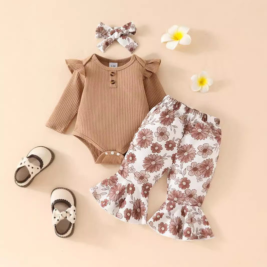 Baby Girl Sunken Stripe Long Sleeve Flared Pants Three-piece Set