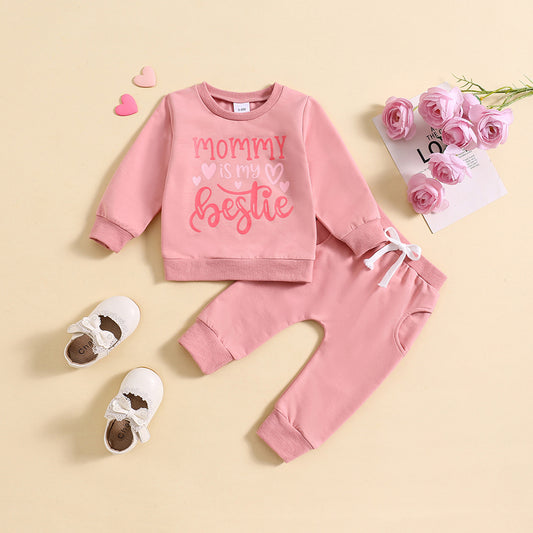 Love Letter Print Pullover Sweatshirt Front Lace-up Decorative Rope Sweatpants
